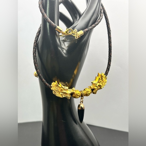 DRAGONS HEAD + ONYX NATURAL CHOKER NECKLACE size adjustable - Picture 2 of 11